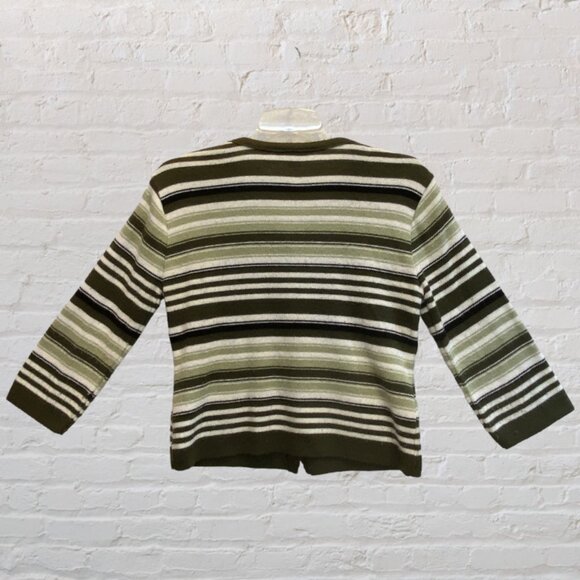 VINTAGE SUGAR -- Sweater, Lightweight, Green and White Striped, 3/4 Sleeves - Picture 14 of 16